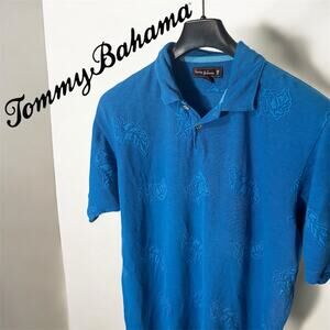 Tommy Bahama Polo‎ Mens Size M Medium Blue Tropical Leaves Short Sleeve Cotton